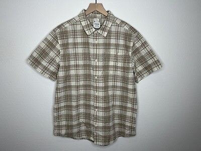 #ad Prana Mens Brown Beige Plaid Shirt Sleeve Button Down Shirt Size Large NWT $29.99