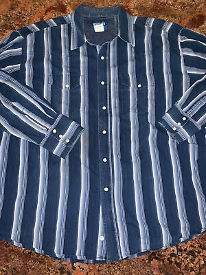 #ad Vintage Wrangler Striped Denim Western Cowboy Shirt brushpopper Men#x27;s $74.99