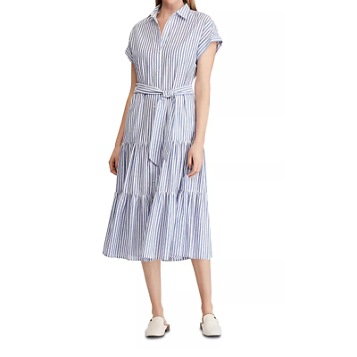 #ad Lauren Ralph Lauren Womens Blue White Ruffle Tiered Cap Sleeve Shirtdress sz 10 $49.99