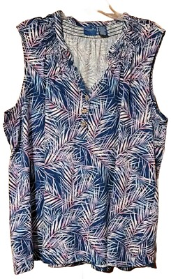 #ad Carribean Joe Womens Sleeveless 3 Button V neck Tunic Tropical Theme Print 2XL $11.99