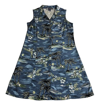 #ad Vintage Big Dogs Dress Womens Small Blue Floral Hawaiian Tank Rayon Button Front $43.19