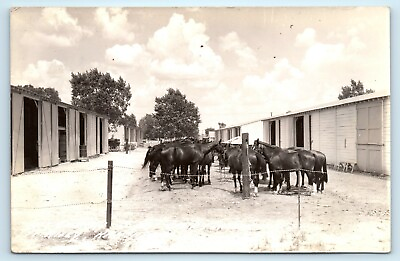 #ad POSTCARD 14th Cavalry Co Fort Riley Kansas Camp Funston Horses Barns RPPC Barb $12.97