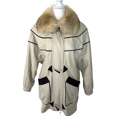 #ad Vintage Womens Leather Parka Detachable Fur Collar Zipper Front Pockets Lined $131.10