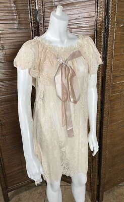 #ad Vintage Victorian pink lace nightgown with silk bow Coquette Fairy Antique Beige $99.99