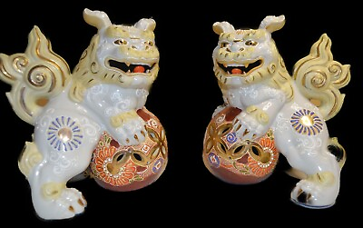 #ad Pair of Foo Dogs Vintage Showa Kutani Porcelain Hand Painted 14 K Gold Gilded $172.99