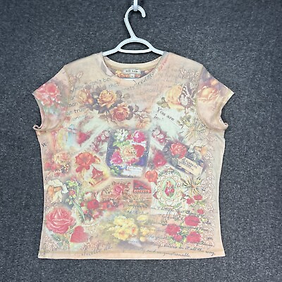 #ad Vintage Y2K Xcit usa Baby Tee Women’s XL Pink Floral Cotton Stretch Cottagecore $16.99
