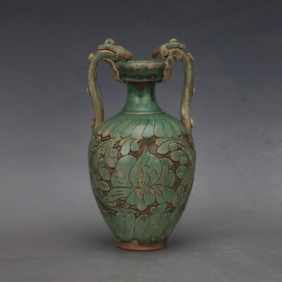 #ad 10quot; Chinese Song Cizhou Kiln Porcelain Green Glaze Animal Dragon Flower Vase $85.00