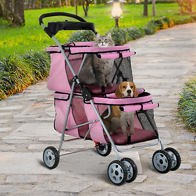 #ad Double Dog Stroller Pet Stroller 4 Wheels Folding Travel Carrier with Cup Holder $88.99