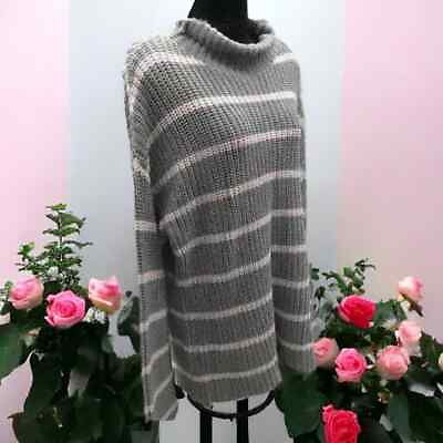 #ad Caslon Womens Small Sweater Shaker Stripe Mock Neck Chunky Knit Gray Pink NWT $15.95