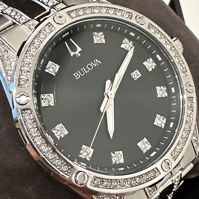 #ad Bulova Men#x27;s Watch 96K105 Quartz Black Dial Crystals Silver Tone Steel 43mm $293.99