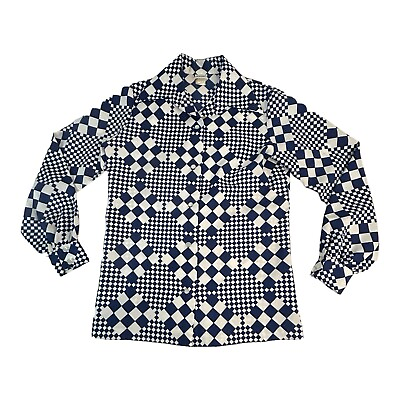 #ad Womens Funky 70s Button Up Shirt Top Blue White Geometric Checkered Print Sz M? $19.99