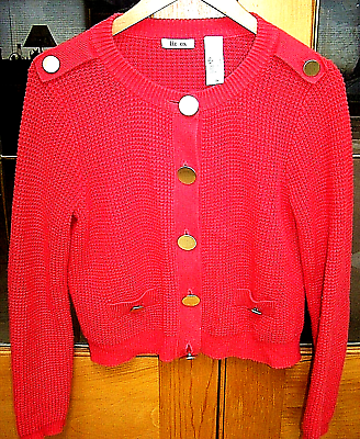 #ad Redish LIZ amp; CO. Large 1 1 4quot; Gold Tone BUTTONS amp; ACCENTS Pockets SWEATER Size L $27.20