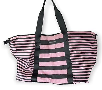 #ad Vtg VICTORIAS SECRET Beach Bag Striped Pink amp; Black 24” x 8” x 15” Huge Tote $31.45
