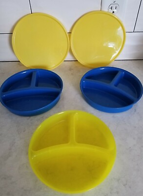 #ad Divided Section Plates Lot of 3 Toddler Kids Boys Plastic with 2 Lids 7.25quot; Wide $8.90