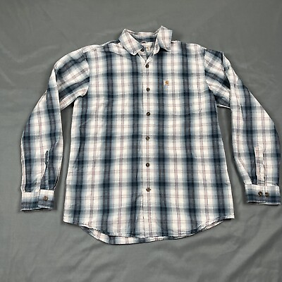 #ad Men#x27;s M Carhartt Blue Plaid Button Up Shirt Long Sleeve 102817 984 EUC $27.99