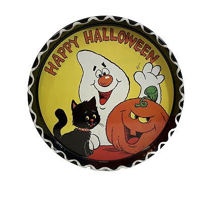 #ad Vintage New Design Inc. V. Cole Halloween Decorative Metal Party Tray Ghost Cat $9.97