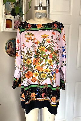 #ad LINEA Louis Dell#x27;Olio Coral Floral BOAT NECK Slouch BOHO Tunic Shirt *MEDIUM* $10.00
