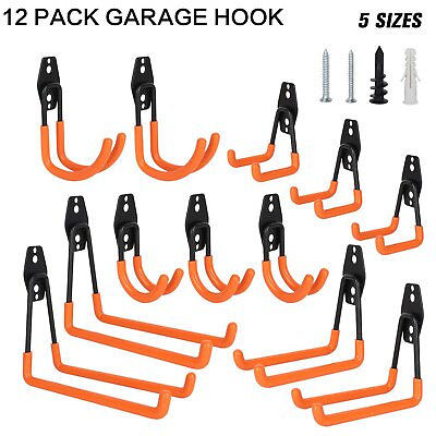 #ad 12 Garage Hooks Heavy Duty Wall Mount Storage Tools Ladder Bike Utility Hangers $23.74