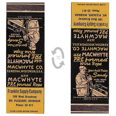 #ad Vintage Matchbook Cover MacWhyte Wire Rope Franklin Supply Mt Pleasant MI 1940s $8.49