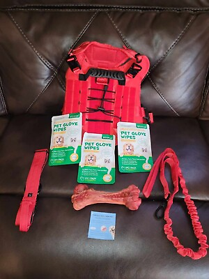 #ad Dog Harness Handle Large Military RED Leash Collar Gloves Chew Bone 7 ITEMS LOT $22.25
