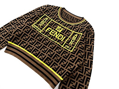 #ad Auth Women#x27;s FENDI FF logo Monogram Knitwear Pullover Brown Sweater 36 $395.00