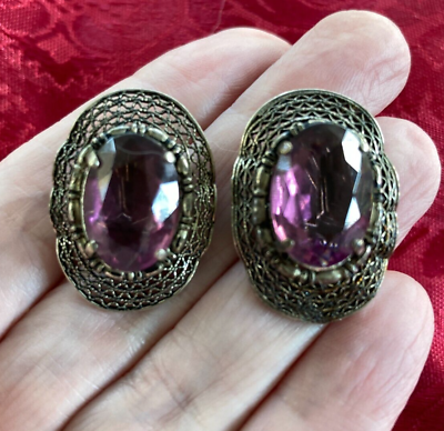 #ad Victorian Purple Amethyst Filigree Clip on Earrings 800 Silver 1890s $110.00