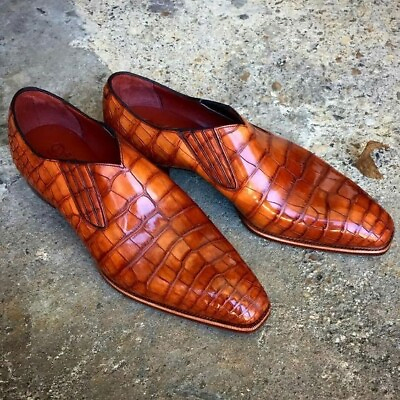 #ad Bespoke Men#x27;s Handmade Orange Tan Crocodile Leather Loafer Dress Casual Shoes $149.99