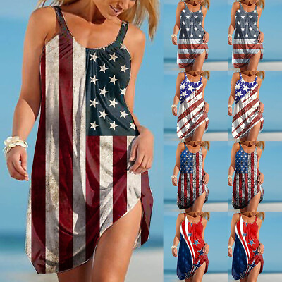 #ad BIG SALE ⭐ Women American Flag Printed Sundress Ladies Beach Sleeveless Dresses $14.59
