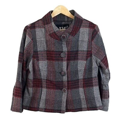 #ad LAL Live a Little Plaid Swing Jacket Red Gray Large Button Wool Blend Cropped $15.98
