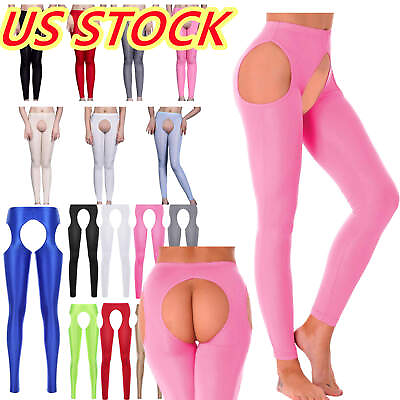 #ad Women High Rise Gym Crotch less Leggings Hollow Out Stretchy Yoga Trousers Pants $8.09