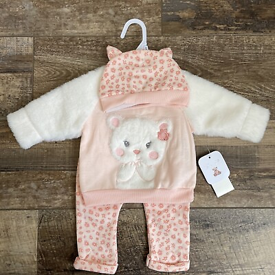 #ad Rene Rofe Baby Newborn Fuzzy Bear Sweater amp; Pants amp; Hat Set Pink White BRAND NEW $19.99