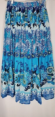 #ad Womens Maxi Skirt XS Cerulean Blue Boho Print Gauzy Crinkly Colorful Pull On $19.97