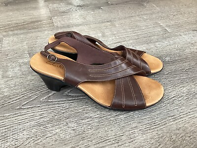 #ad Clarks Strappy Brown Leather Heeled Slide Wedge Sandals Womens Size 11 Slingback $29.74