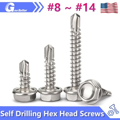 #ad #8 #14 Stainless Steel 410 Hex Washer Head Self Drilling Sheet Metal Tek Screws $5.15