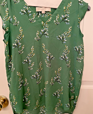 #ad Ann Taylor Loft Sleeveless Blouse Cap Sleeve Green w Floral Design Size XSP $12.50