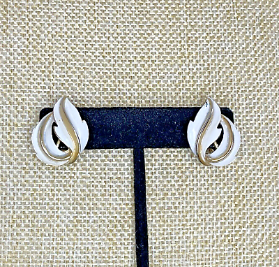 #ad Vintage Crown Trifari White Enamel Over Gold Tone Leaf Clip On Earrings $14.00