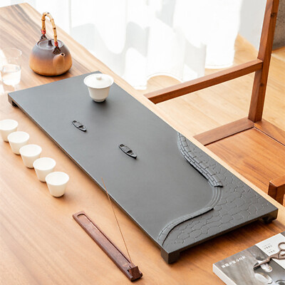 #ad Chinese Tea Tray Black Stone Tea Table Boat Shape Design Water Draining Embossed $642.16