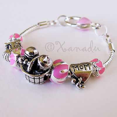 #ad Pink Baby Girl Shower European Charm Bracelet With Mom Stroller Rattle Beads $19.99