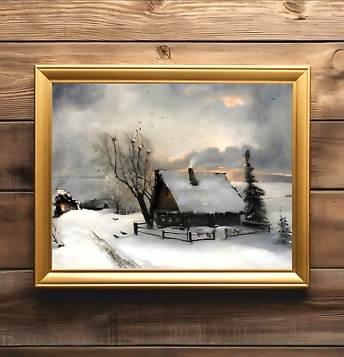 #ad Rustic Winter Oil Painting Farmhouse Decor Vintage Cottage Antique Wall Art $9.95