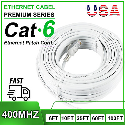 #ad Cat6 Ethernet Cable RJ45 Network Cord Internet White Patch 6 10 25 60 100ft $18.99