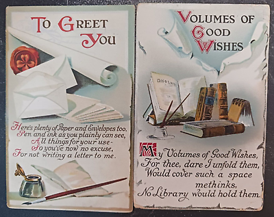 #ad lot 2 1910 postcards TO GREET YOU VOLUMES OF GOOD WISHES pen quill books posted $7.95