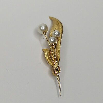 #ad Vintage Brushed Gold Tone Leaf Faux Pearl Brooch Pin Textured $10.98