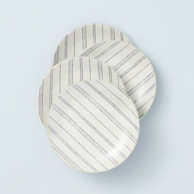 #ad Hearth And Hand Distressed Stripe Stoneware Appetizer Plates Blue Cream SET OF 4 $17.56