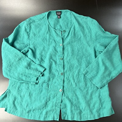 #ad Eileen Fisher Women Shirt Medium Green Button Up Linen Career Casual Top Tunic $25.99