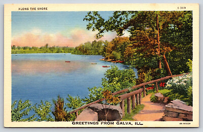 #ad Galva Illinois Along The Lake Shore Landscape Vintage Linen 1940#x27;s Post Card $3.50