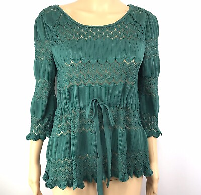 #ad Free People Womens Knit Top Size S Emerald Green Shirt Lace Key Hole Tie Waist $29.99