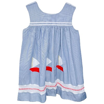 #ad Vintage Girls Blue Nautical Sailboat Appliqué Sleeveless Dress 4 5 $20.00