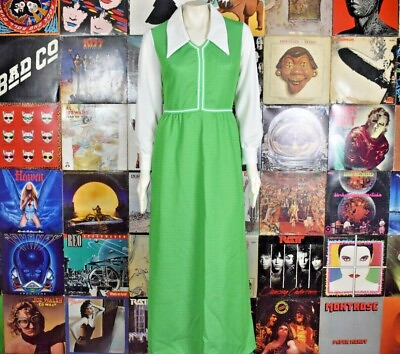 #ad Vintage 70s Dagger Collar Long Sleeve Maxi Dress Green Groovy Hippie Swiss Dot $22.47
