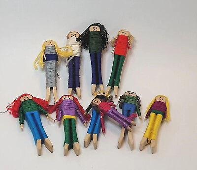 #ad Vtg Clothes Pin Dolls Ornaments 10 Embroidery Floss Crafts Play 4quot; Need TLC $13.95