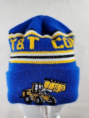 #ad Vintage Tamp;T Construction Mens Winter Beanie Hat Cap Blue SpellOut Logo Made USA $16.36